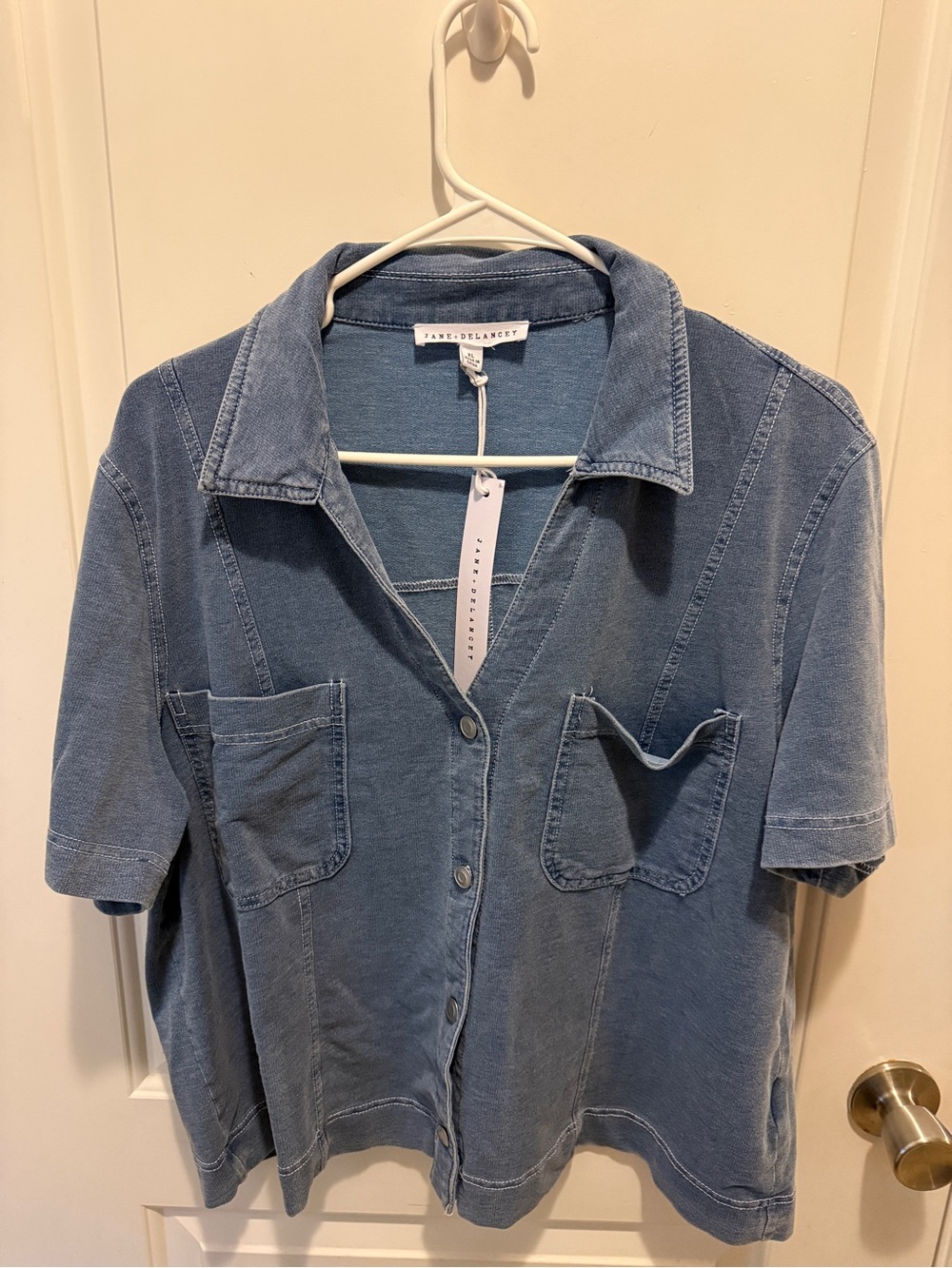 Jane and Delancey Washed Denim Blue Short-Sleeve Button Down Shirt